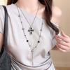 Y2K Silver Color Cross Pendant Necklaces for Women Sweet Cool Metal Double Layer Beaded Rivet Long Tassel Necklaces Jewelry