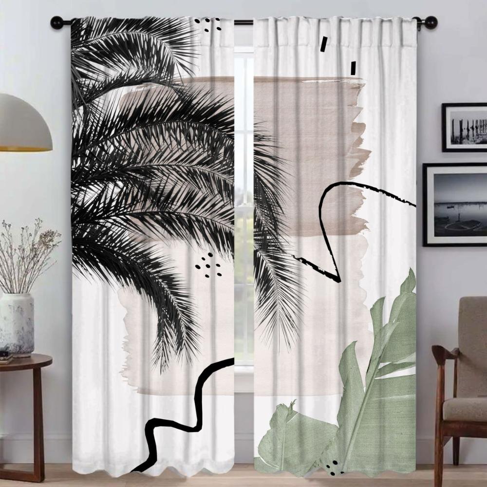 Eukalyptus Fläktpalm Fönstergardin för Rum 2 Paneler Skärmar Moderna Vardagsrumsgardiner för Kamera Halloween Dekoration Partition