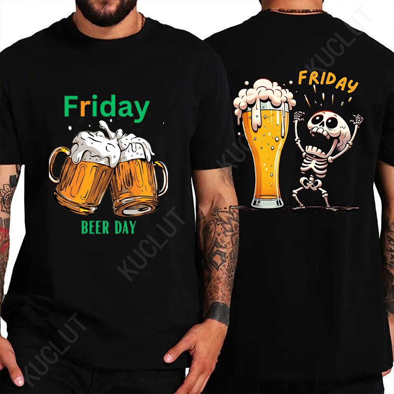 Fashion Skeleton Enjoying FRIDAY Beer Day Tees Back Print Men's T-Shirt Finally Friday for Drink Lover Male Oversized Clothing