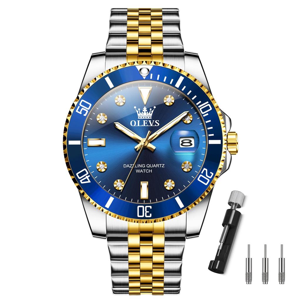 Gold Silver Popular Waterproof Olevs Watch Blue Analog Quartz Business Watch Blue Stylish Stainless Steel Watch Date Simple Large Dial Watch Fashion