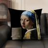 Copricuscino Mona Lisa con Perle Ragazza Lino Naturale Tessuto Biologico Stampa Double-Sided Divano Decorazione Casa Federa Regalo