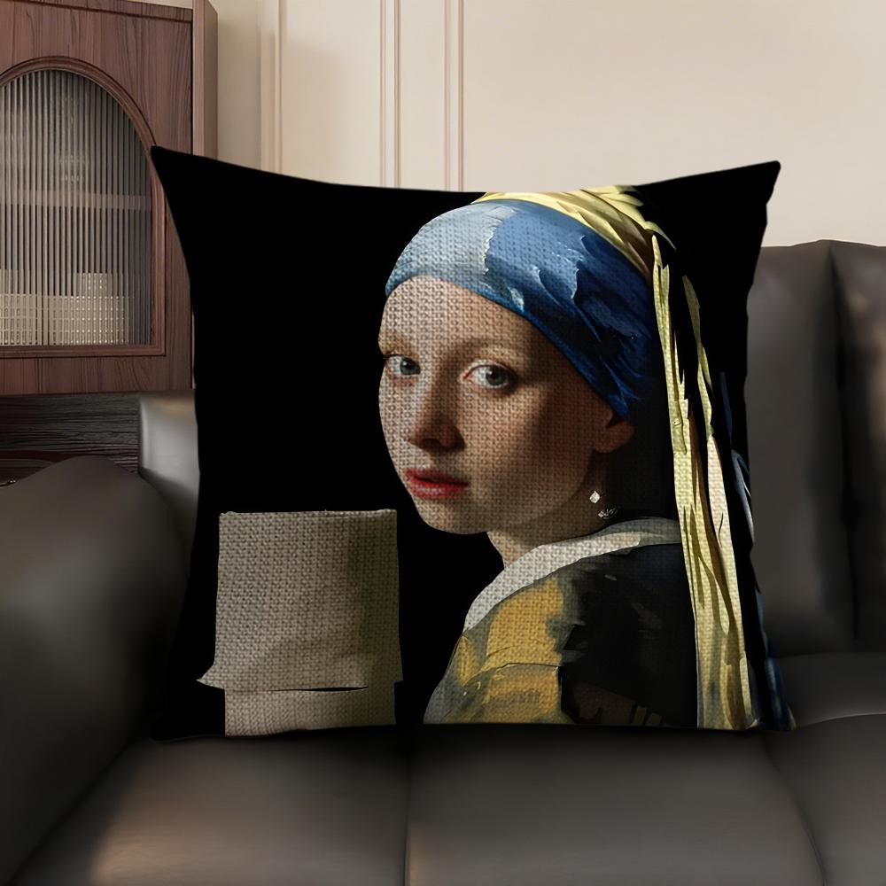 Copricuscino Mona Lisa con Perle Ragazza Lino Naturale Tessuto Biologico Stampa Double-Sided Divano Decorazione Casa Federa Regalo