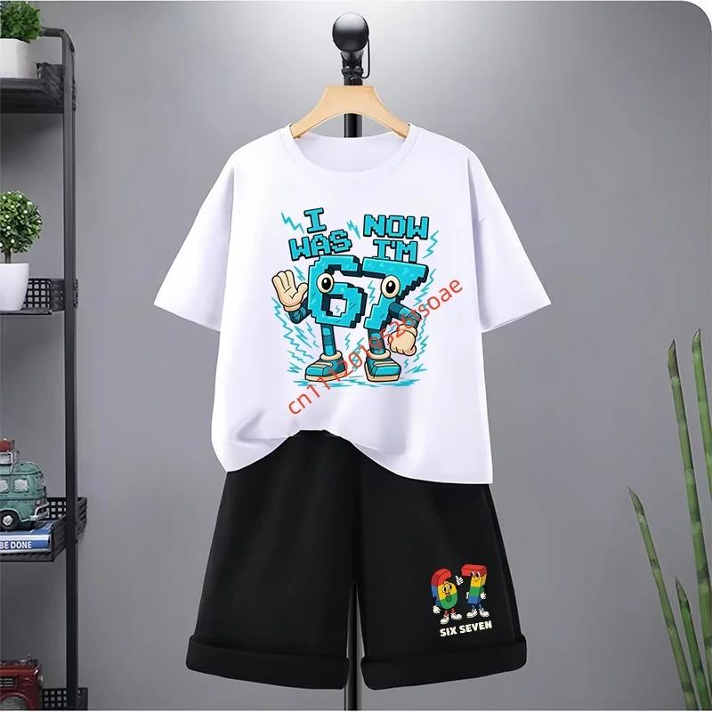 67 Çocuk Tişört 3-12 Yaş Yaz Altı Yedi Baskılı Kısa Kollu Sevimli Komik Moda Erkek Kız Bebek Üst+Şort 2 Parça Günlük Set