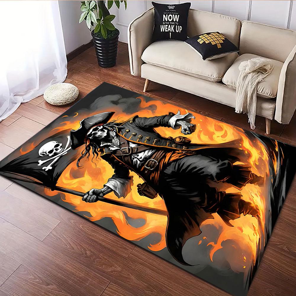 "Fiery Skeleton Pirate with Flag" Patterned carpet, suitable as a non slip play mat for the living room and bedroom sofa