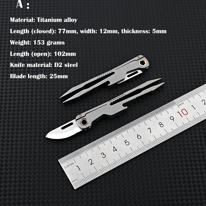 Titanlegeringspincett med kniv D2-stålblad Utomhus EDC Bärbart verktyg Platt huvud Ögonbrynsklämma Reparationsfixtur Uppackningsverktyg