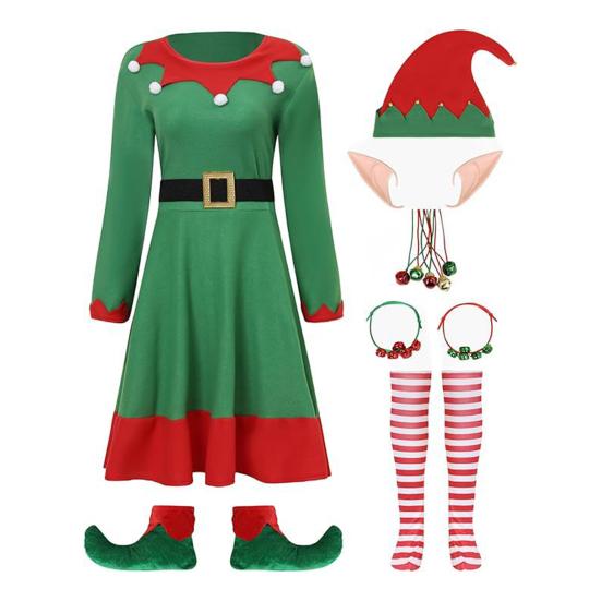 8 Pcs Women Christmas Elf Costume Set Green Xmas Dress Festive Outfit with Elf Ears Hat Shoes Belt Striped Socks
