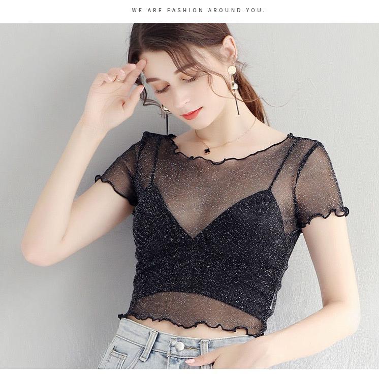 Sheer Short Sleeve Mesh Top Women's Thin Transparent Bottoming Shirt