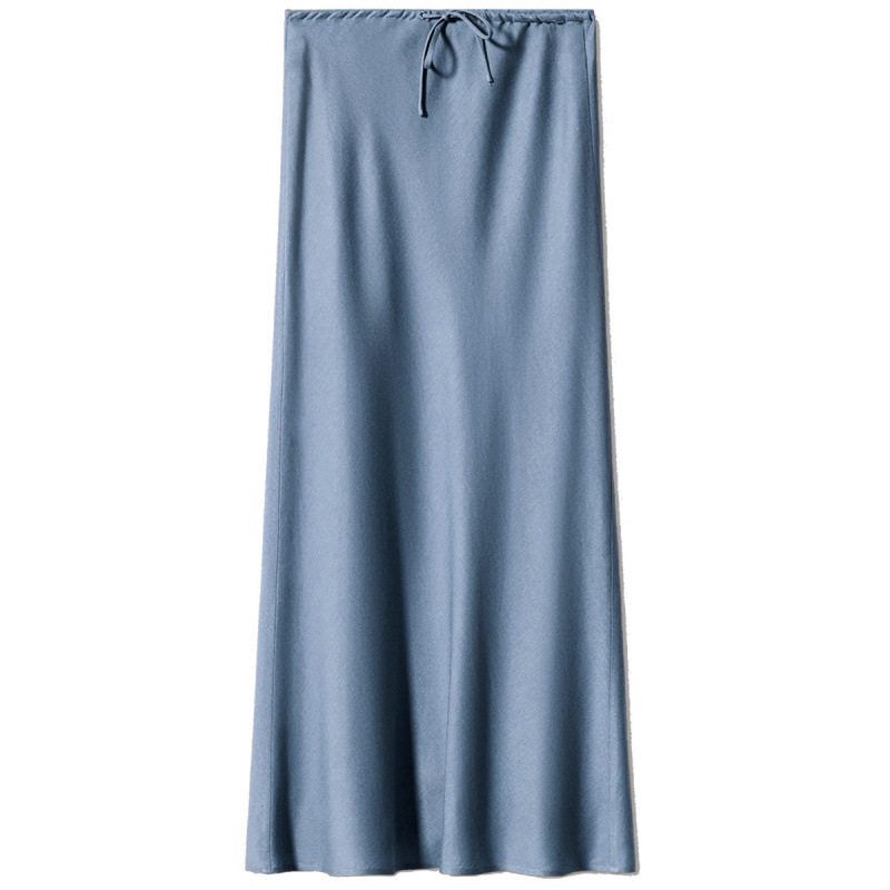 Satin Skirt Cross-Border Amazon High-Quality 2025 Women s Solid Color Long Skirt High-Waisted Drawstring A-Line Skirt Haze Blue S