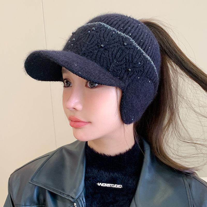 Casquette Bec de Canard pour Femmes Version Coréenne Hiver Casquette de Baseball à Calotte Ouverte pour Chaleur et Protection des Oreilles