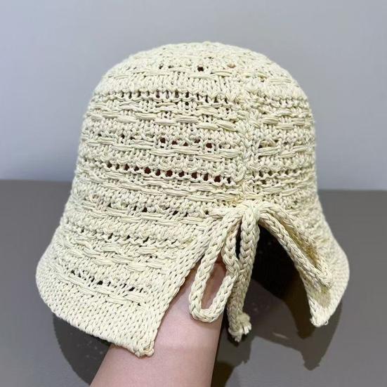 Summer Basin Hat Crochet Hollow Design Sun Protection Hat Wide Brim Back Slit Design Lace-up Knitted Outdoor Cap