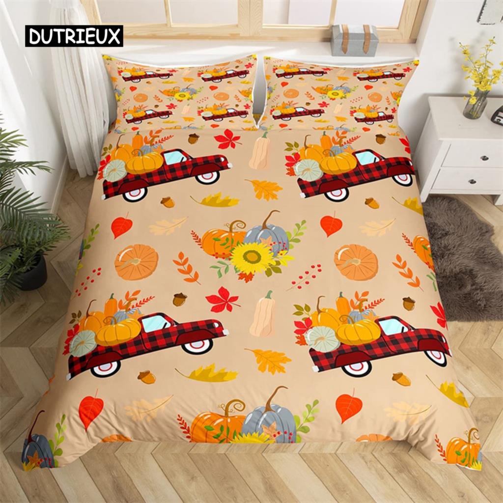 Turkey Maple Leaves Duvet Cover King Thanksgiving Pumpkin Bedding Set Microfiber Farmhouse Autumn Harvest Theme Comforter Cover
