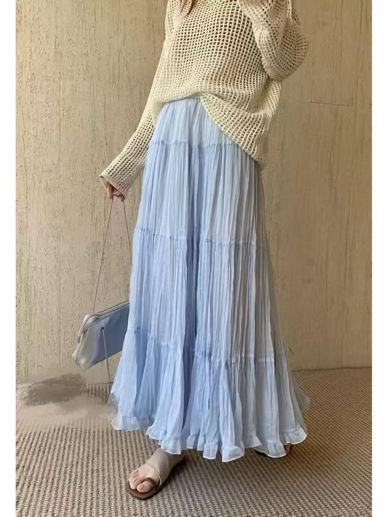 Spring 2026 Women's High-Waisted Ruffled Mesh A-Line Maxi Skirt - Gentle & Slimming