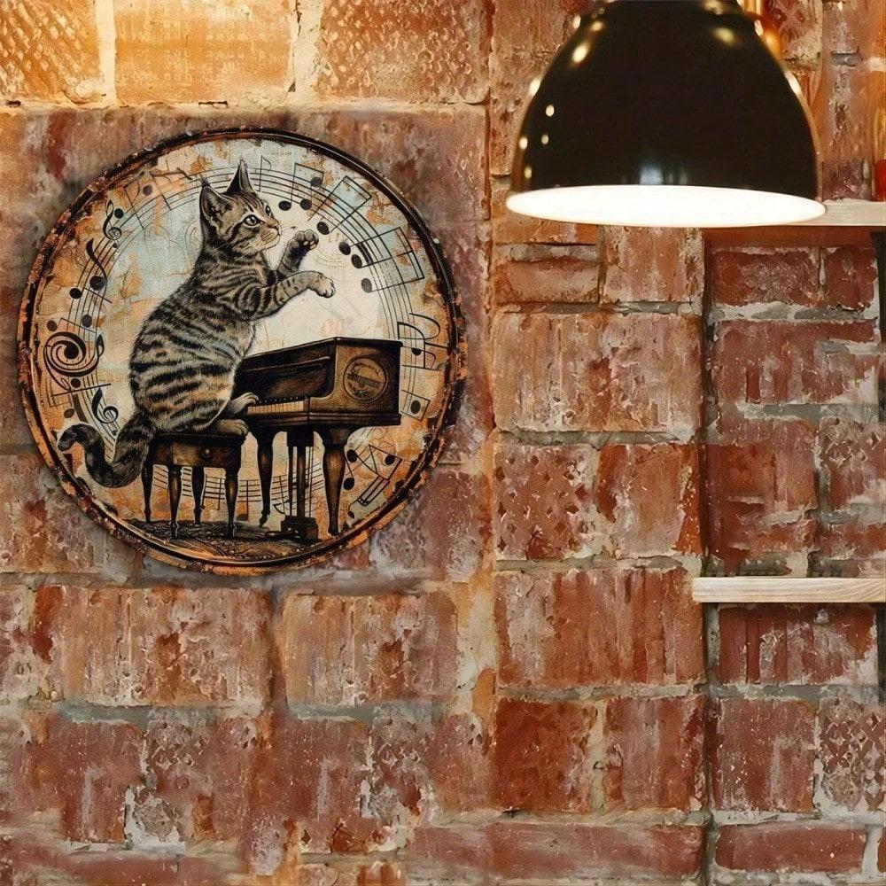 Vintage Pianist Cat Metal Tin Sign Retro Wall Art for Home Cafe Garage
