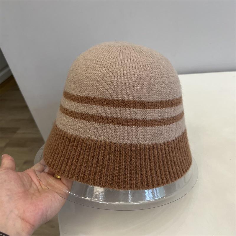 

Вовна вовна в язана смугаста контрастного кольору панама жіноча осіння та зимова мода тепла для обличчя маленька капелюх рибалки M（56-58cm）