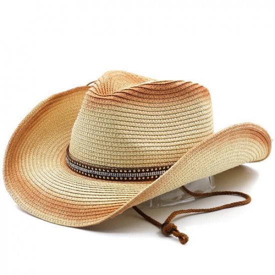 1X Men Western Straw Cowboy Cowgirl Hat with Belt Drawstring Wide Brim Sun Hat