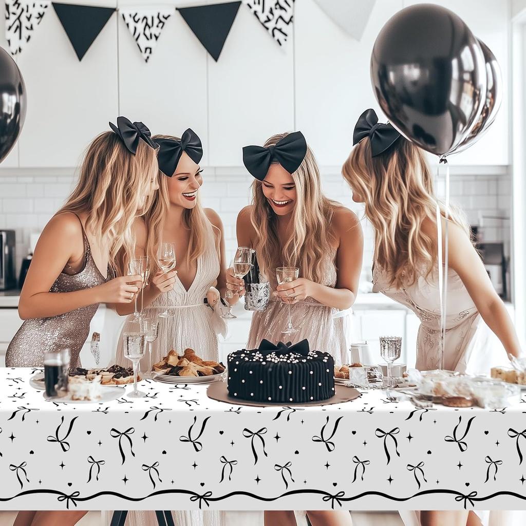 Avezano 3 pcs Black Bow Tablecloths 108 x 54 inch Bow Birthday Decorations Black and White Coquette Plastic Table Cover Disposable Bachelorette Party