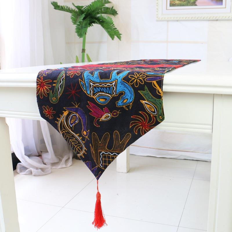 Ethnic Style Auspicious Elephant Table Runner Tasseled Edges Totem Tablecloth Table Covering Cloth