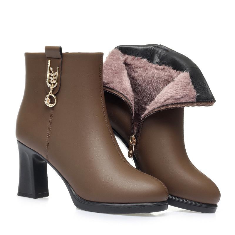 

Женские туфли из мягкой кожи и хлопка, новая мода, водонепроницаемые, на высоком каблуке с боковой молнией, нескользящие, легкие, теплые ботинки 40(Foot25cm)