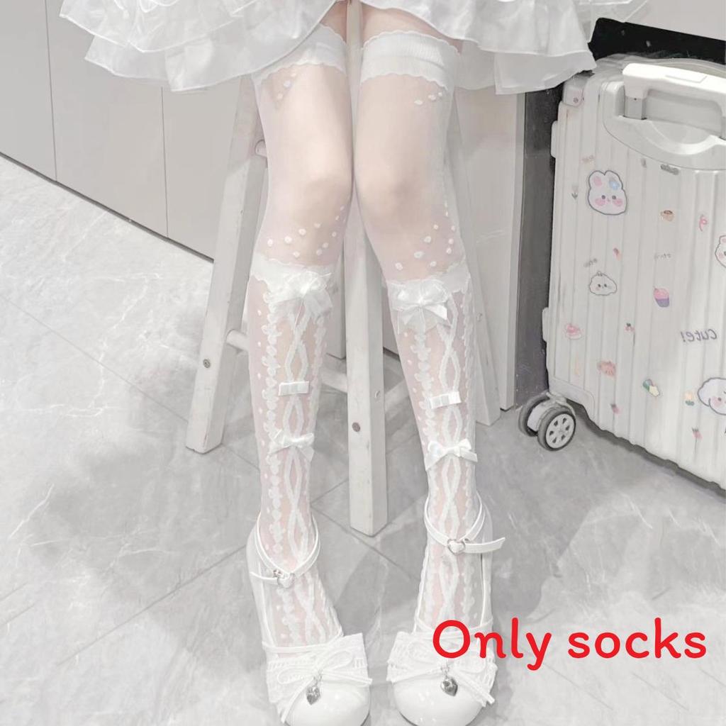 Japanese Lolita Cross Butterfly Bow Stockings With Silk Ties For Women
