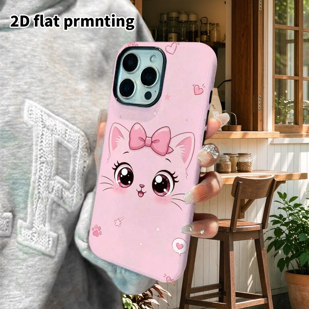 Phone Case: 2D Flat Design Suitable for iPhone 18 17 16 15 14 13Pro Film Protective Case, Couple Style, Pink Bow Kitten, Christmas and Halloween Gift