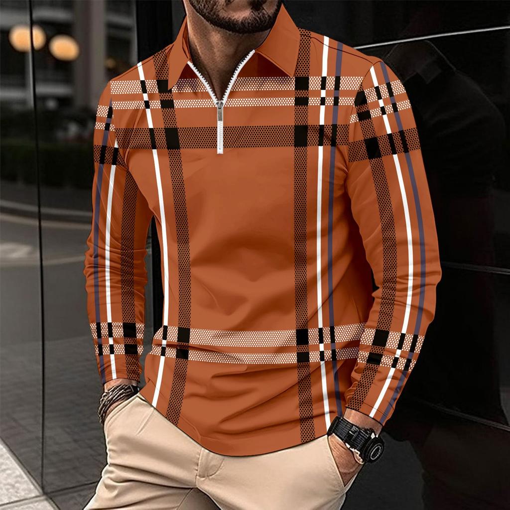 Modisches Herren Langarm Poloshirt mit Reißverschlusstasche Herren Gestreiftes Sweatshirt