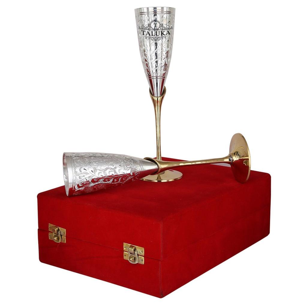 Handmade Engraved Silver Plated Brass Wine Glass Set Champagne Glass Flute Design | for Champagne Wine Goblet Glass