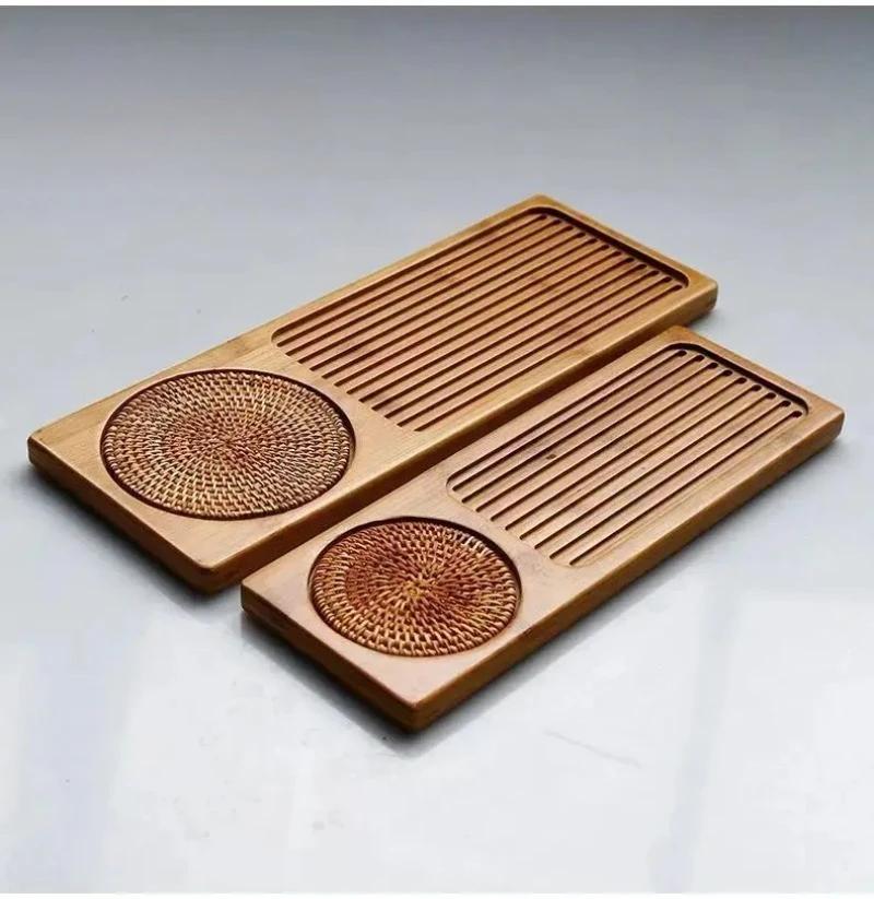 Mały Rozmiar Taca do Herbaty z Suchym Parzeniem z Matami z Plecionej Rattanu, Naturalna Bambusowa Deska do Herbaty, Hotelowa Taca Serwingowa