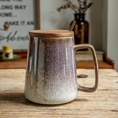 Export Kunst Brennofen Keramikbecher mit Deckel und Löffel Große Kapazität Wasserbecher Paar Büro Teetasse
