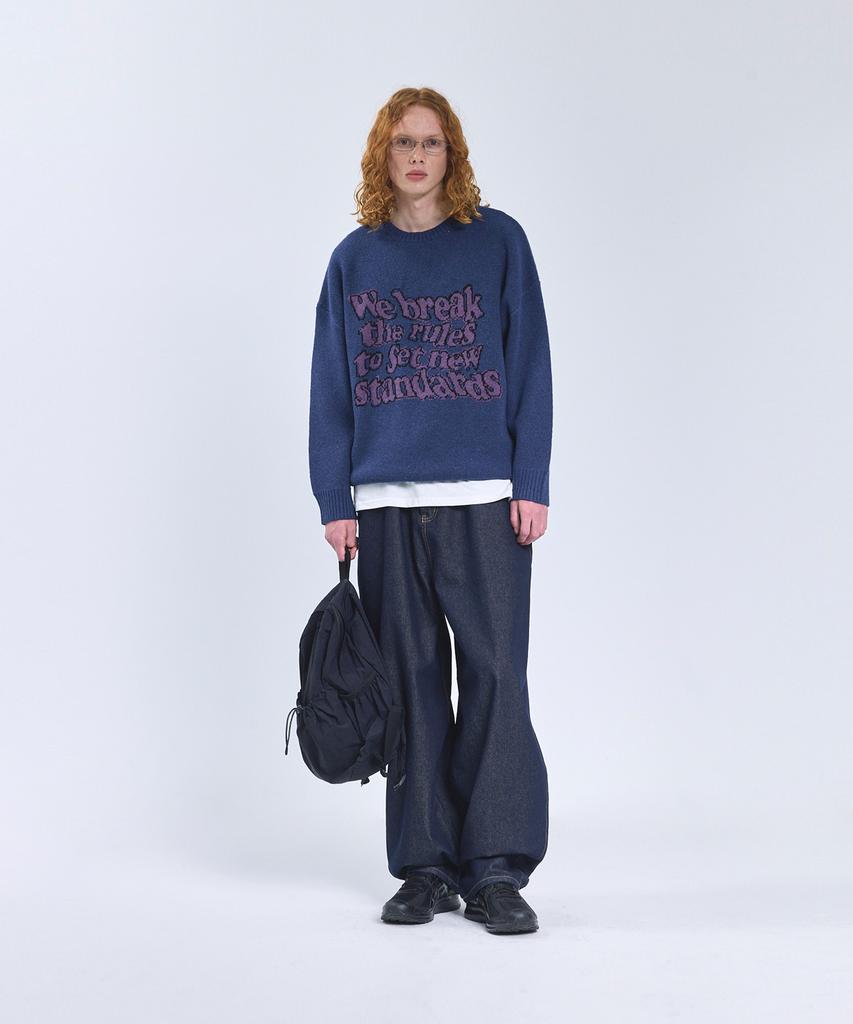 STANDARDERROR 87-Stan191 Art Lettering Oversized Jacquard Knit Navy