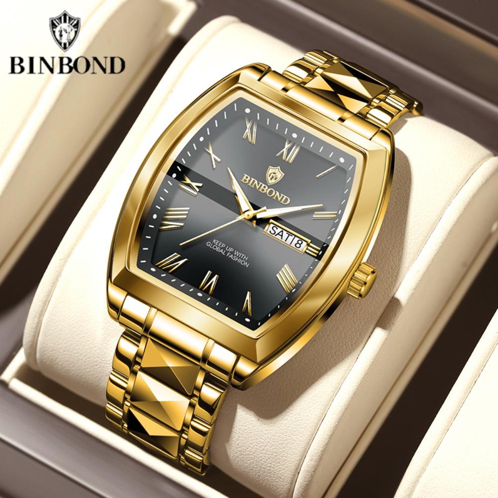 BINBOND B355 Stainless Steel Men Watch Top Quailty Luxury Push Button Hidden Clasp Waterproof Luminous Date Week Sport Men Watch