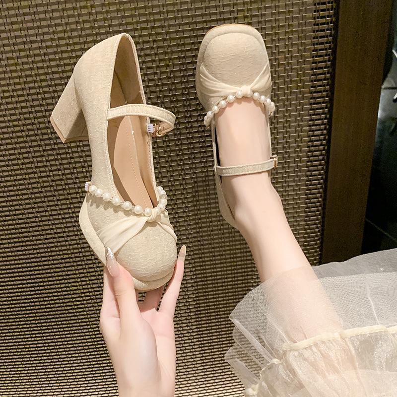 French Small Fragrant Style High Heel with Skirt Thick Heel Single Shoes Women Wear for a Long Time Not Tired Feet Cute Sweet Internet Celebrity Popul