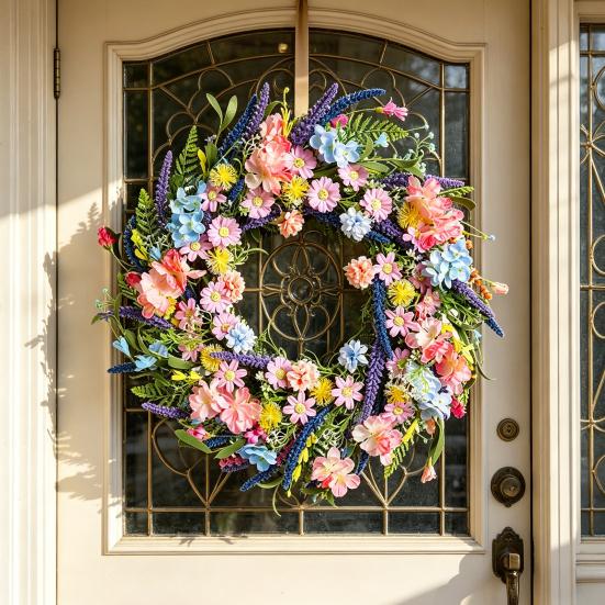Spring Wreath for Front Door Artificial Floral Wreath with Eucalyptus Leaf Lavender Wildflowers for Easter Indoor Outdoor Home Farmhouse Wall Decor