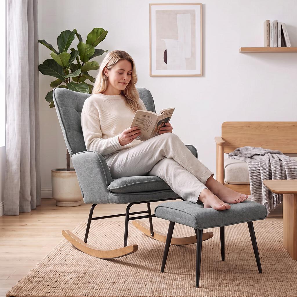 Rocker Chair With Ottoman Comfortable Up To 130 Kg Linen Look 64x89x90cm Dark Gray
