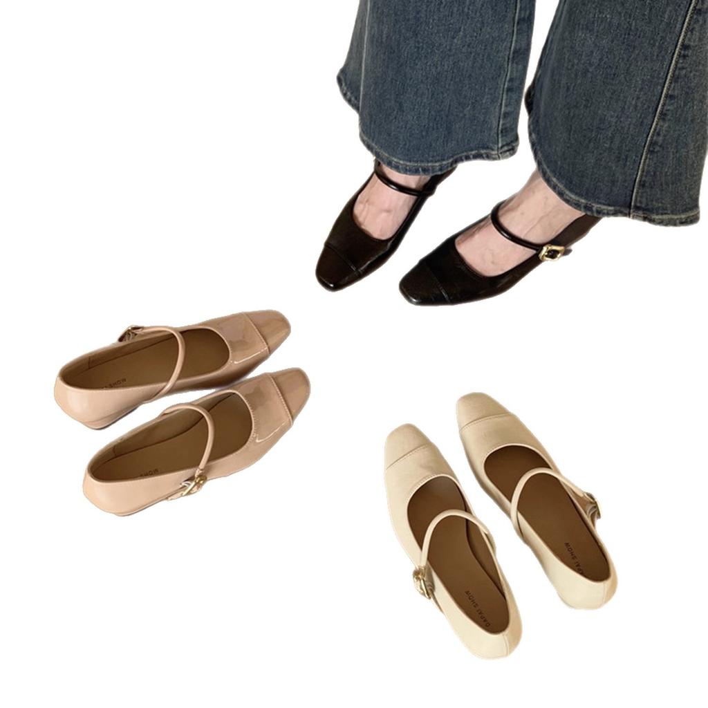 French wedge heel splicing square head Mary Jane shoes 2025 new high heels Korean version commuter shoes one word with single shoes women