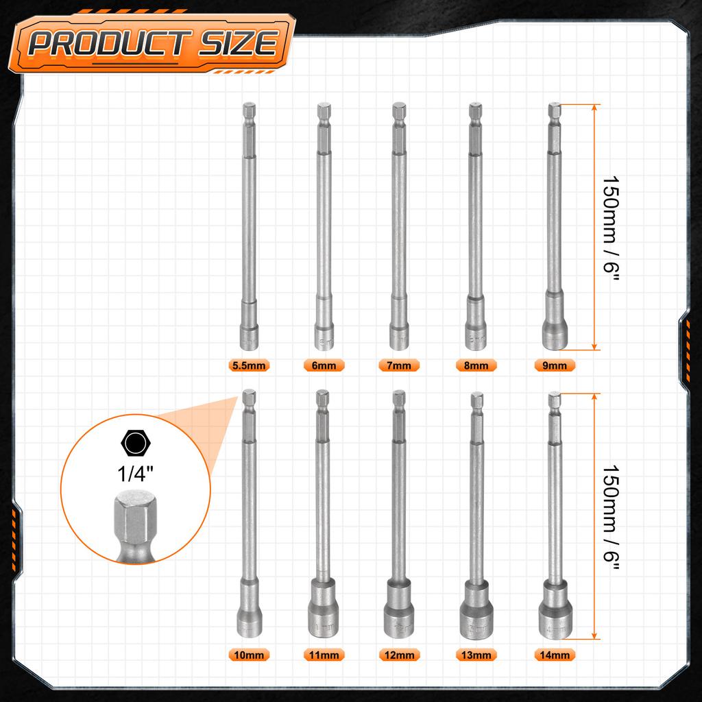 3-15pcs Nut Driver Drill Bit Set 5.5-19mm Metric Impact Socket 1/4" Hex Shank 6" (150mm) Extra Long Magnetic 6-Point Sockets
