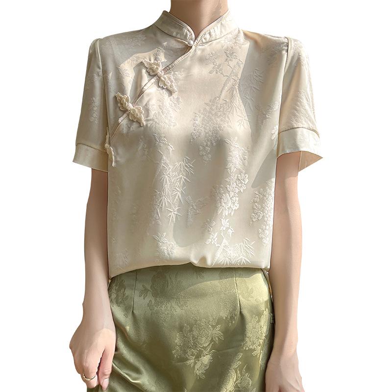 Damen Chinesischer Froschknopf Satin T-Shirt: Kurzärmelig, Stehkragen, Retro-Stil