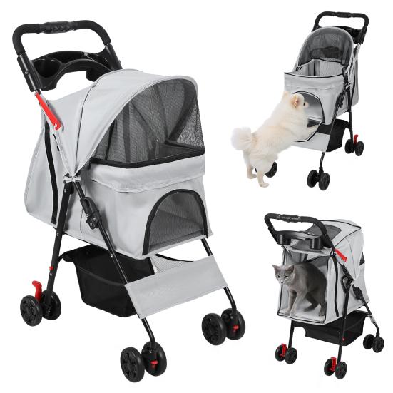 4 Wheels Pet Stroller, Foldable Cat And Dog Stroller with Mesh Windows, Cup Holder, Storage Basket, Breathable Pet Strolling Cart Holds Up To 22lbs