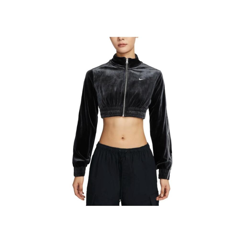 Nike Sportswear Collection Solid Short Velvet Soft Stand Collar Long Sleeve Jacket Women Jackets Black FZ3680-010