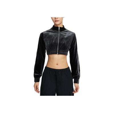 Sportswear Collection Solid Short Velvet Soft Stand Collar Long Sleeve Jacket Women Jackets Black FZ3680-010