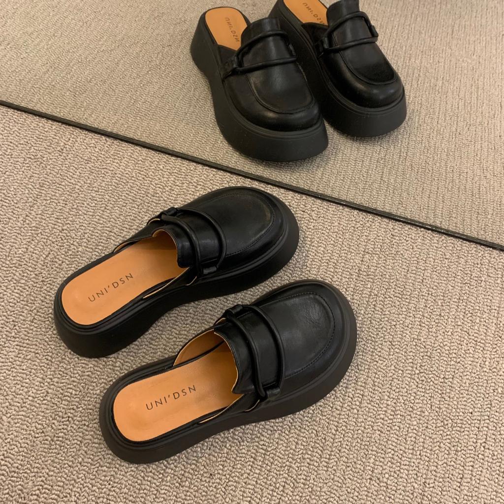 Fashion Women Slippers British Style Mules Heighten Sandals PU Leather Women's Thick Bottom Sole Half Slippers Summer Female Loafers