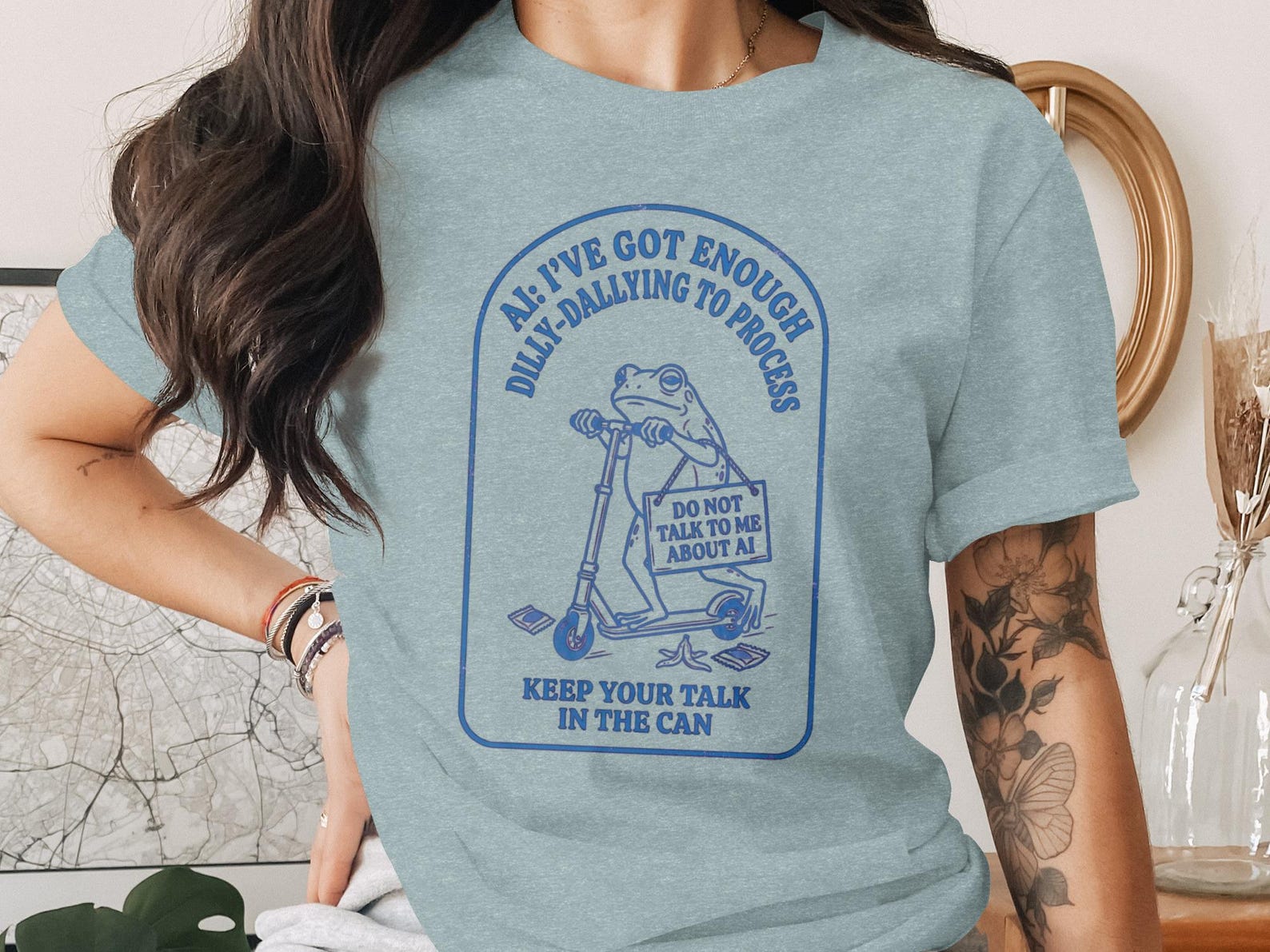 Funny Anti AI T-Shirt with Sarcastic Frog Design, Introver top, AI Overload Humor S