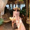 Summer sweet pink flower floral suspender dress dating photo travel wear niche coffee break vacation dress