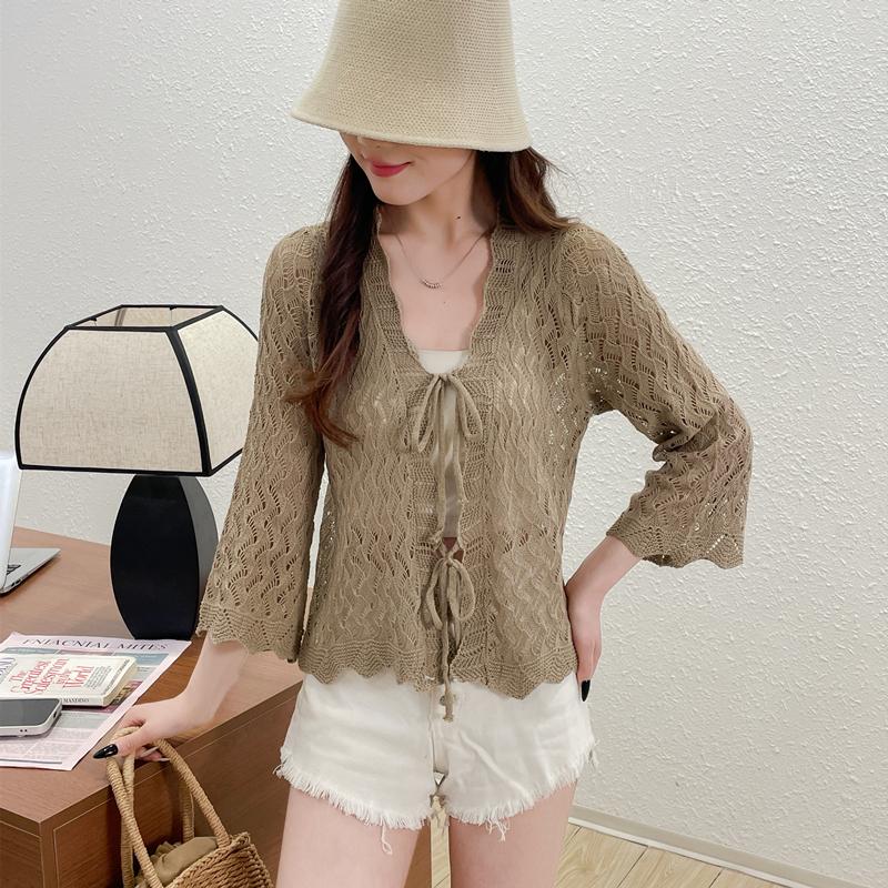 

модный корейский трикотажный кардиган с V-образным вырезом и бантом, женская маленькая шаль, летние свитера с рукавами-фонариками, тонкий дизайн, верхняя короткая рубашка для защиты от солнца One Size хаки