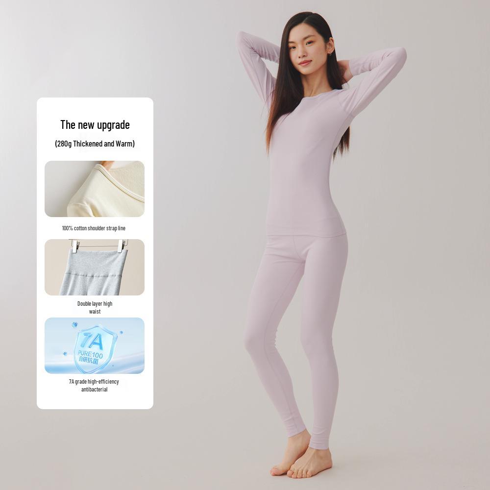 Women's Plus Size Double-Sided Flannel Underwear Set - Pure Cotton, Thick Round Neck Base Layer for Autumn and Winter