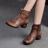 Johnature Retro Atmungsaktive Hohl-out Stiefel Sommer Sandalen Echtes Leder Mode High Heels Damen Schuhe