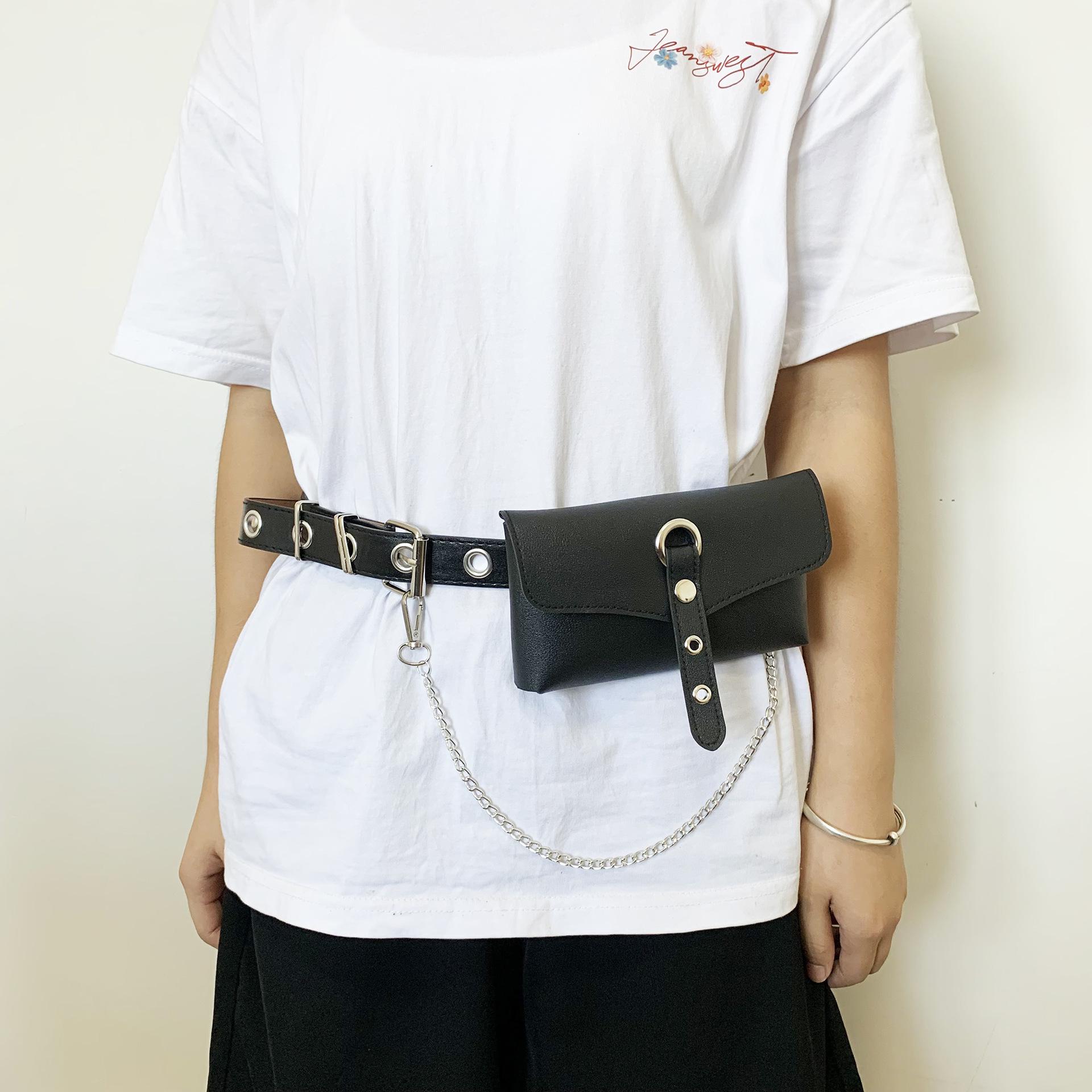 Модная панк женская кожаная поясная сумка с цепочкой - Универсальный держатель для телефона и аксессуаров Single Strap Bag чёрный 739₽
