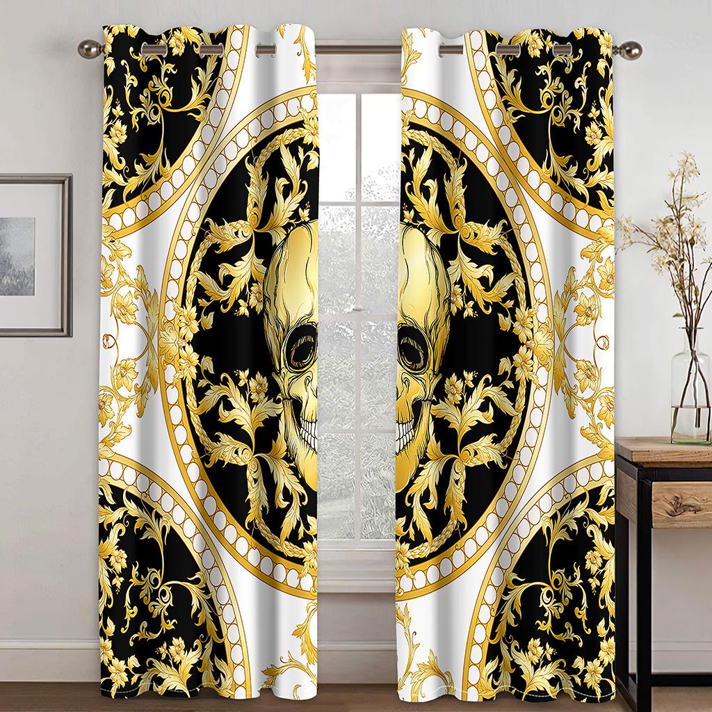 3D Print Modern Luxury Brand Design Black and Gold Pattern Thin Shading Polyester Curtain for Living Room Bedroom Decor Hooks