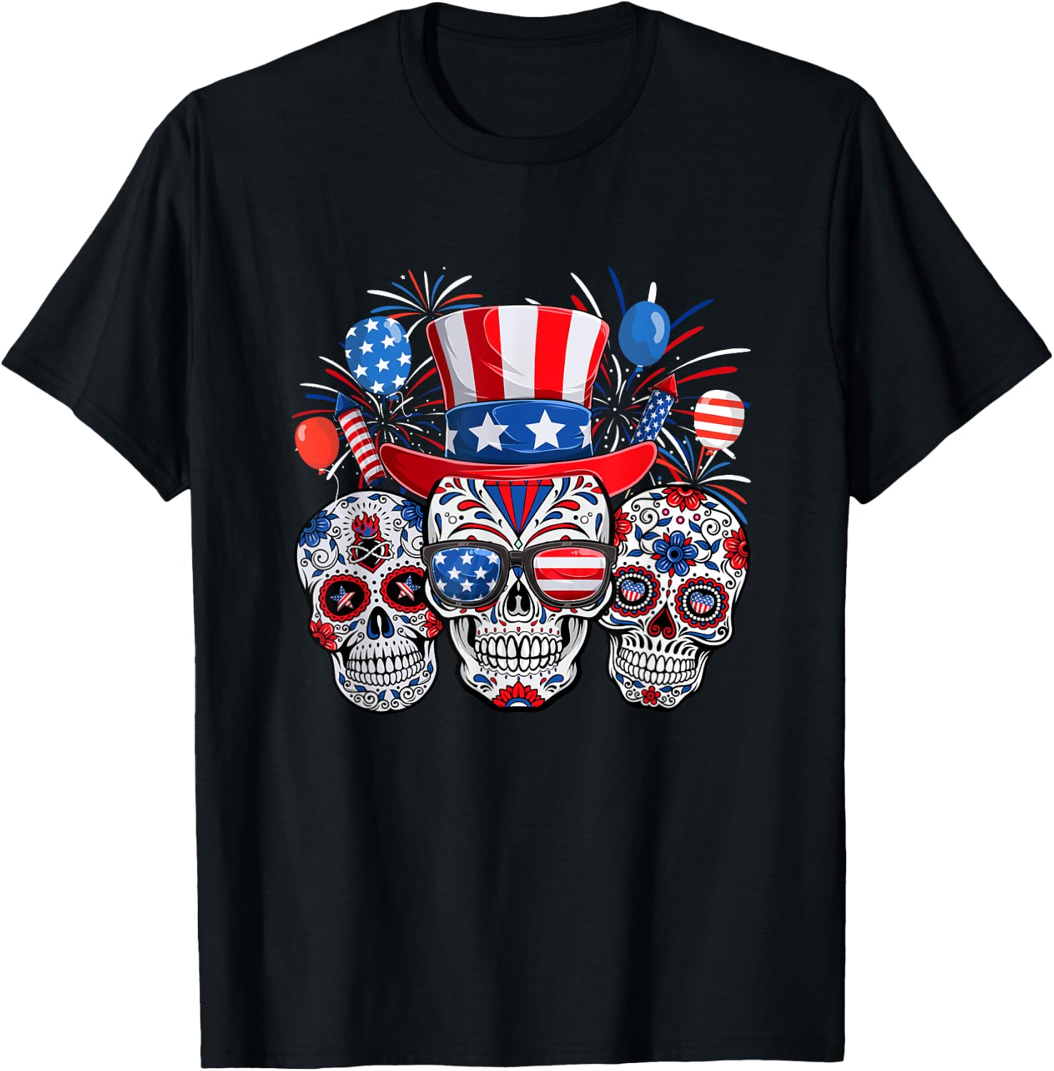 Sugar Skull Sunglasses Firework American Flag 4th Of July T-Shirt for Women Men S