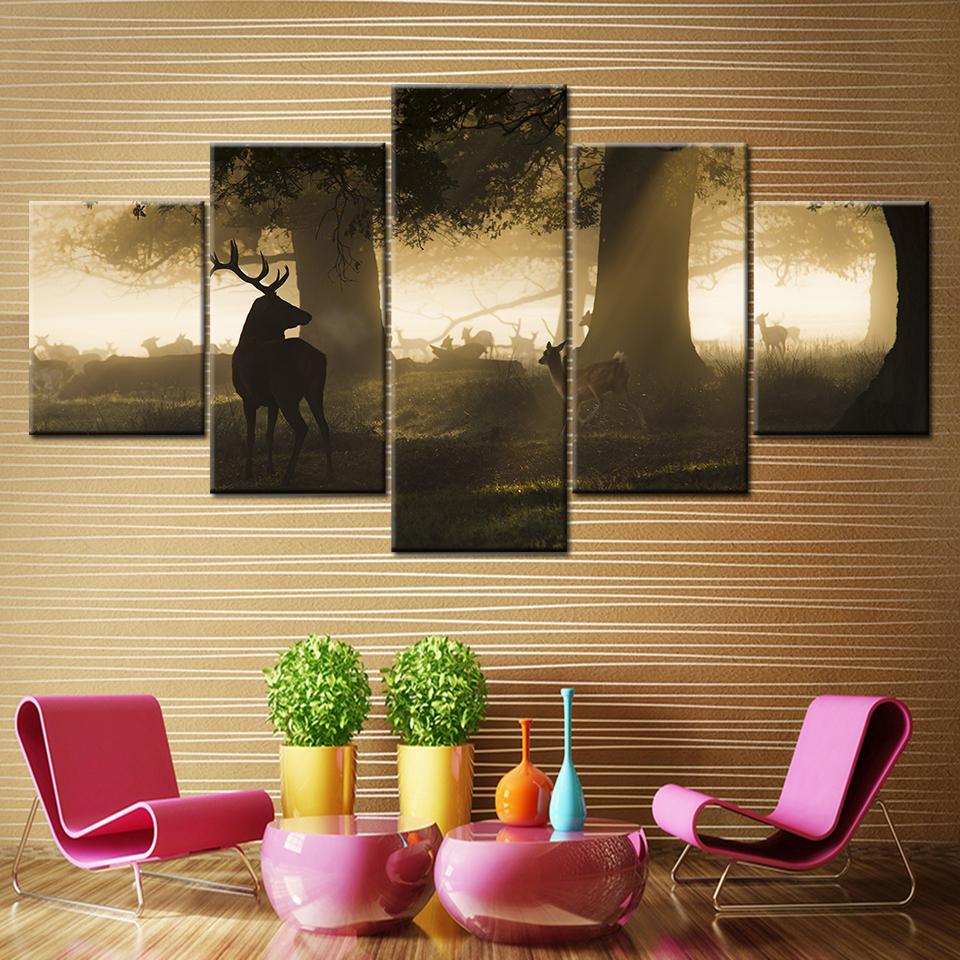 

HD Prints Canvas Wall Art Living Room Home Decor Pictures 5 Pieces deer and dog in sunset forest Paintings Animal Posters 20x35 20x45 20x55cm