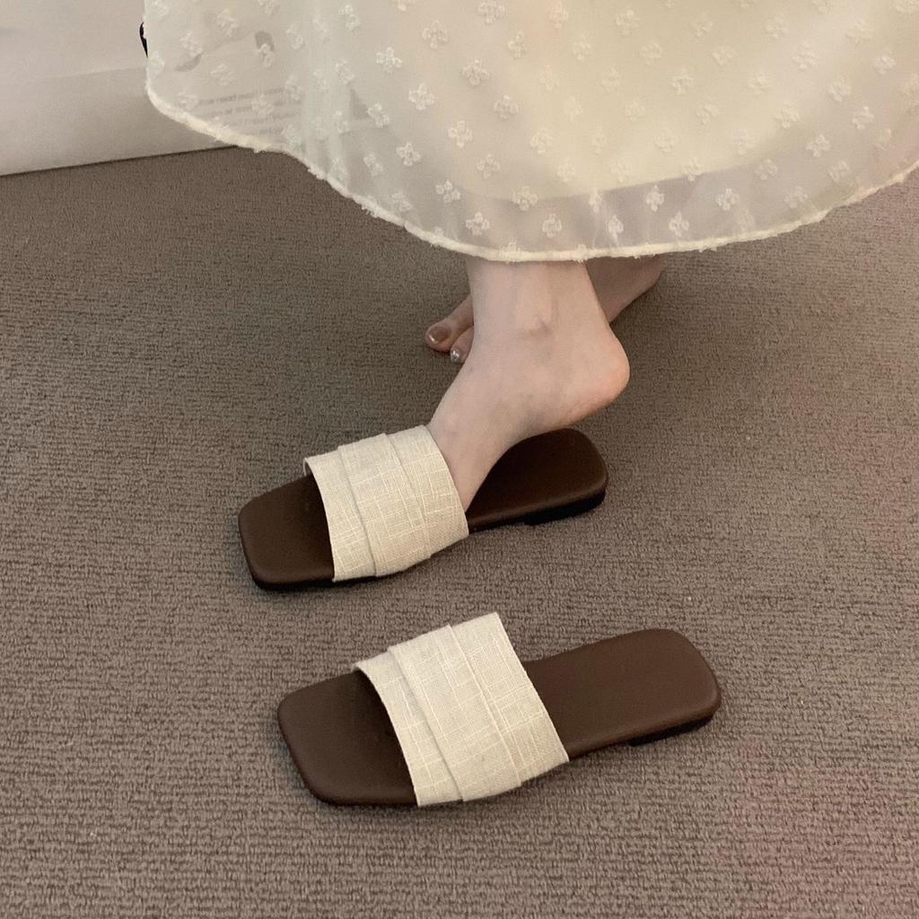 French evening red one-word slippers women's shoes wear 2025 summer vacation beach with skirt sandals